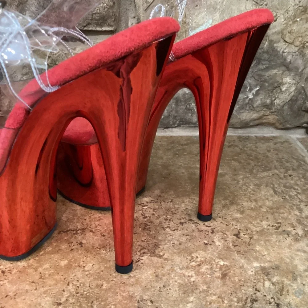 Pleaser Adore-708 Red Chrome Clear Platform Sandals 7 Inch Heels Womens 8 New